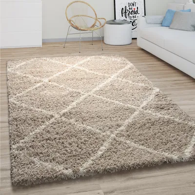 Produktbild von Hochflor Teppich Wohnzimmer Shaggy Skandinavisches Rauten Muster Modern In Beige Grösse 120x170 cm