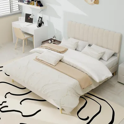 Image de okwish Lit rembourré 140x200 pour jeunes, cadre bas, lit plat avec tête de lit douce, beige (sans matelas)