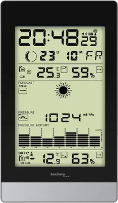 Productafbeelding van Weerstation met binnen- en buitentemperatuur, luchtvochtigheid, radio-wekker, vorstalarm, compact formaat