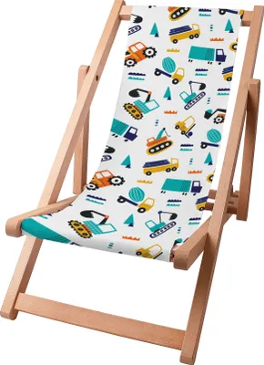 A wooden beach chair with a colorful pattern of construction vehicles.