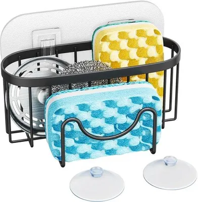 Zdjęcie produktu dla Organizer do zlewu 2 w 1, ze stali nierdzewnej, do kuchni, uchwyt na gąbkę, uchwyt na gąbkę do zmywania, 2 paski samoprzylepne, zatyczka do zlewu, gąbka, szczotka