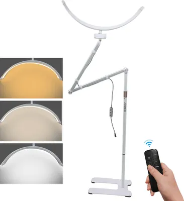 Produktbild von Andoer HD-M700X 23 Zoll Boden-LED-Videoleuchte, 36 W, halbmondfoermiges Fuelllicht, 3200 K-5600 K, dimmbar, mit verstellbarem Metall-Lichtstaender, Telefonhalter, Fernbedienung fuer Schoenheitssalon, Make-up, Live-Streaming, Vlog, Fotografie, Nachttischlampe