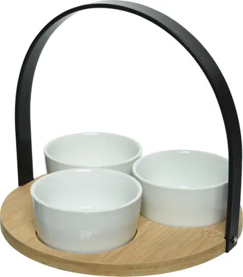 Produktbild von Tappas Set Porzellan Dipschalen Saucen Tablett Serviertablett Bambus 4-teilig
