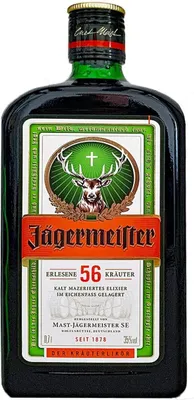 A bottle of Jägermeister herbal liqueur.