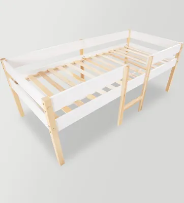 A white and natural wood loft bed frame with a slatted base, shown from a diagonal angle against a plain background.