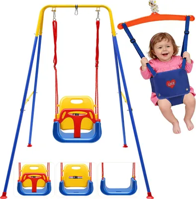 Immagine prodotto di Izrielar 4in1 Altalena per bambini con telaio – Altalena e saltello per bambini dai 6 mesi ai 10 anni, pieghevole, portata massima 90 kg, per uso interno ed esterno