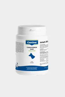 A white plastic bottle of Canina Canhydrox GAG tablets for dogs, set against a plain white background.