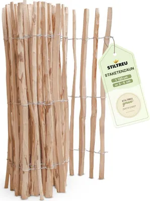 A roll of wooden picket fencing with a product tag attached.