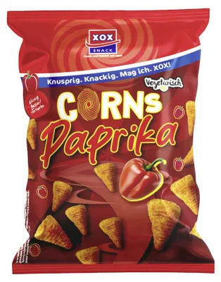 Productafbeelding van XOX Maïs Paprika: Knapperige snack met een pittige smaak. Verpakking: 85g