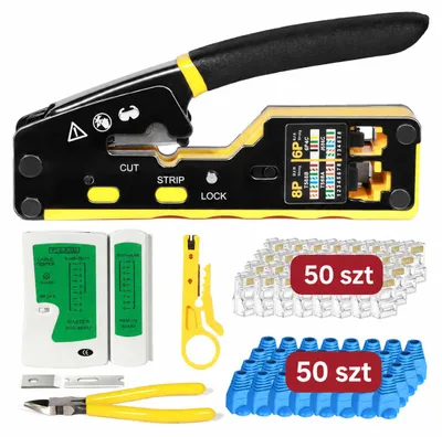 Produktbild von Professionelles RJ45-Crimpzangen-Set mit Kabeltester, 50 Steckern, 50 Boots, Abisolierer und Mini-Schneider für LAN- und Telefonkabel, KI-generiertes Bild