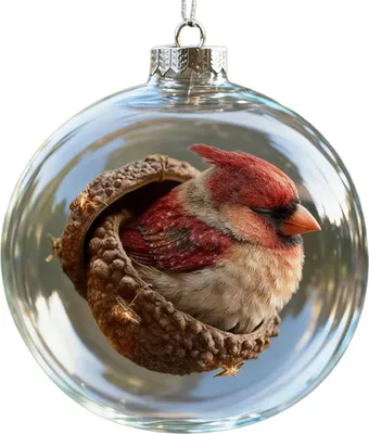 A close-up of a Christmas ornament shaped like a clear glass ball, containing a small bird nestled in an acorn.