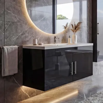 Produktbild von Waschbecken + Unterschrank MCW-D16, Waschbecken Waschtisch, MVG-, hochglanz 90cm  schwarz