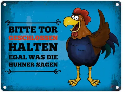 Produktbild von Metallschild mit Hahn Motiv und Spruch: Bitte Tor geschlossen halten ...