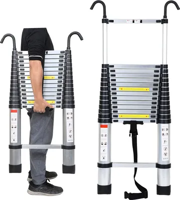 Obrázok produktu pre Fiqops Teleskopický rebrík s hákmi Výsuvný rebrík do 150 kg Robustný hliníkový rebrík Silver 4,4 m