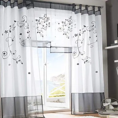 Immagine prodotto di Tende trasparenti Unyqoos® con motivo floreale – tende grigio-bianche traslucide per soggiorno, camera da letto e balcone, complete di passanti per il fissaggio