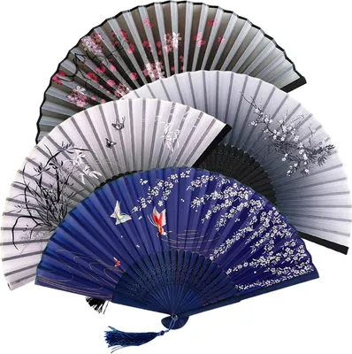 Produktbild von 4 Stück Faltbare Fächer Handfächer, Taschenfächer Faltfächer, Set Handfächer aus Holz, Chinesische Handfächer für Hochzeit Sommer Party, Wand Dekoration, Kostümzubehör