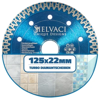 Produktbild von SHELVACI UNIQUE DESIGNS® - Profi Turbo Diamantscheibe ⌀ 125mm & Bohrung 22,23mm für Fliese, Keramik & Stein - Diamant-Trennscheibe für Trennschleifer