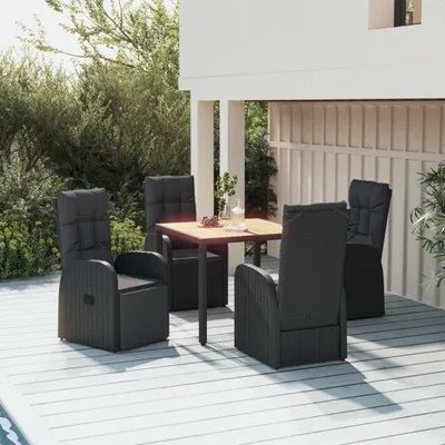 Imagen del producto de Juego de jardín de 5 piezas, ratán sintético negro - Mesa de 90 cm - Resistente a la intemperie - Incluye cojines