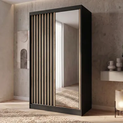 Produktbild von BEAUTYSOFA | Kleiderschrank DONATELLO 120 cm Schwarz/Artisan mit Spiegel und Lamellen Schwebetürenschrank modern