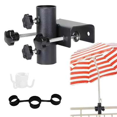 Produktbild von Balkongeländer-Sonnenschirmhalter mit Haken, Ø 25–38 mm, Sonnenschirm Halterung, Schirmhalterung Balkongeländer, Sonnenschirmhalter für Balkongeländer