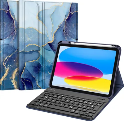 Produktbild von Fintie Tastatur Hülle für iPad 11.Generation 11" 2025, iPad 10. Generation 2022 10.9", Schutzhülle mit TPU Rückschale, Pencil Halter und magnetisch abnehmbarer Tastatur mit QWERTZ Layout, Ozean Marmor
