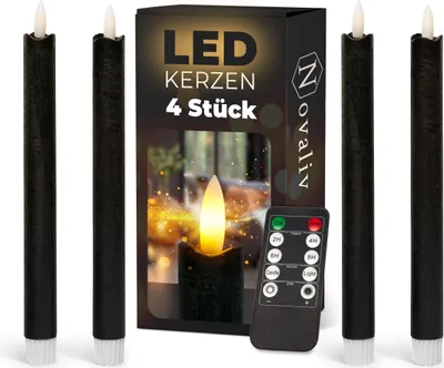 Produktbild von Stabkerzen LED mit Timer SCHWARZ 4 Stück indoor 6 Stunden - ECHTWACHS 23cm Höhe für Kerzen 2,2cm Durchmesser 2 AAA Batterien notwendig LED Stabkerzen flackernde Flamme bewegliche Flamme Licht