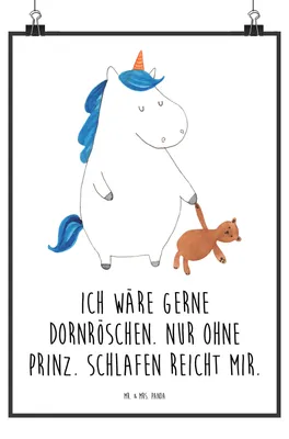 Produktbild von Mr. & Mrs. Panda Bild Einhorn Teddy DIN A3 - Weiß - Geschenk, Unicorn, wanddeko, Wandbild, Kunstdruck, Träumen, drucke, Gute Nacht, Einhörner, Single, Bett, schlafen