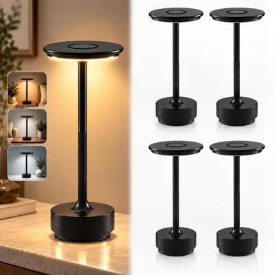 Produktbild von 4er Set Kabellose Dimmbare LED Akku Tischleuchten, Touch Tischlampen, 3 Lichtfarben, Nachttischlampen für Wohnzimmer Schlafzimmer, Schwarz