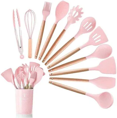 Produktbild von Famanu 12-teiliges Set Küchenutensilien - Silikon - Hitzebeständig - Mit Holzgriffen - Rosa