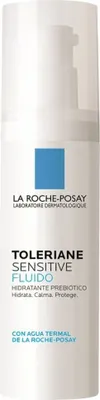 A white bottle of La Roche-Posay Toleriane Sensitive Fluido with text and a blue square logo.