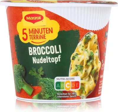 A product shot of a Maggi 5 Minuten Terrine Broccoli Nudeltopf cup.