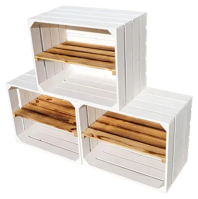 Produktbild von 3er Set Weiße Obstkisten mit geflammtem Regalbrett längs – Apfelkiste, Weinkiste, Ablagekiste, Schuhregalkiste – 50 x 30 x 40 cm