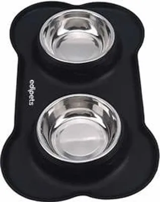 Immagine prodotto di 1 stazione di alimentazione per cani e gatti, doppia ciotola in acciaio inox, antiscivolo, con tappetino in silicone a prova di perdite (nero grande)
