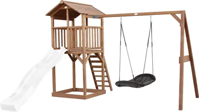 Produktbild von AXI Beach Tower Spielturm aus Holz in Braun | Spielhaus für Kinder mit weißer Rutsche, Nestschaukel und Sandkasten | Stelzenhaus für den Garten