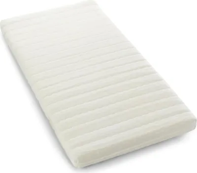 A white mattress with horizontal ribbed texture, shown from a diagonal angle on a white background.