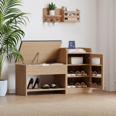 Produktbild von Schuhbank Sitzbank Schuhregal mit großem Stauraum - Schuhtruhe mit bequemer Sitzfläche und Schuhspiegel, Maße: B100/H62.5/T38 CM