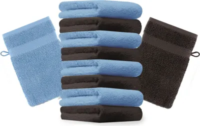 Produktbild von Betz 10 Stück Waschhandschuhe 16x21 cm PREMIUM 100% Baumwolle  Farbe: hellblau und dunkelbraun