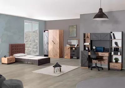 Productafbeelding van Stijlvolle slaapkamer set: bed, kledingkast en functioneel meubilair
