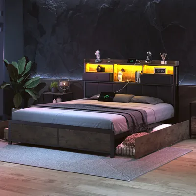 Produktbild von Polsterbett 140x200cm mit Aufladen USB und Steckdosen, Jugendbett Doppelbett mit 4 Schubladen, Stauraumbett Massivholzbett mit LED und Lattenrost PU