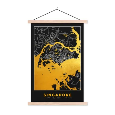 Produktbild von MuchoWow® Textilposter Singapur - Stadtplan - Gold - Karte 60x90 cm mit holzfarbenen Rahmen - Textil