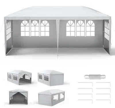 Image de Pavillon de fête, dimensions 3x6 mètres, imperméable, idéal pour événements, tente de jardin, protection UV, couleur grise, avec 8 panneaux latéraux