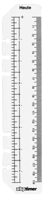 A ruler with markings for days and measurements.