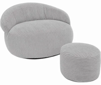 Image de Pouf XXL déhoussable en velours côtelé BANANAIR 110x100 cm + repose-pieds gris clair