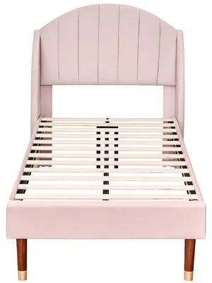 Imagen del producto de Cama individual - 90 x 200 cm - Tapizado en terciopelo - Estructura de madera - Cabecero - Somier resistente - Color rosa