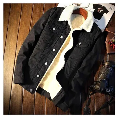 Produktbild von Wolle Jeansjacke für Herren, Fleecejacke mit Revers, gefütterte Winterjacke, Cargo Jacke, warme Freizeitjacke, winddichte Militär Outdoorjacke, Sherpa Teddyjacke