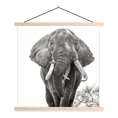Produktbild von MuchoWow® Textilposter Elefant - Porträt - Tiere - Schwarz und weiß 60x60 cm mit holzfarbenen Rahmen - Wanddekoration