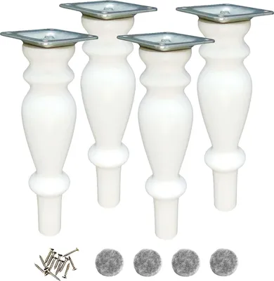 Four white wooden furniture legs with metal mounting plates, screws, and felt pads.