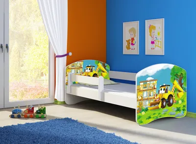 A child's bed with a construction vehicle theme in a bedroom.