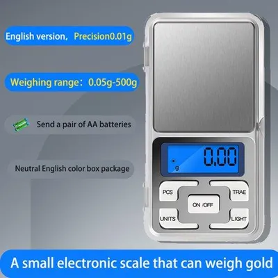 Image de Balance de voyage numérique avec écran LCD, plage de mesure de 500 g, précision de 0,01 g, format mini, fonctionne avec 2 piles AAA.