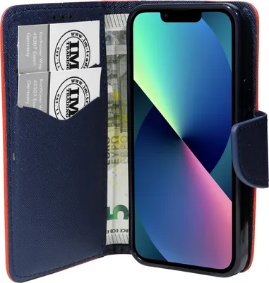 Produktbild von cofi1453® Buch Tasche "Fancy" kompatibel mit iPhone 13 Handy Hülle Etui Brieftasche Schutzhülle mit Standfunktion, Kartenfach Rot-Blau